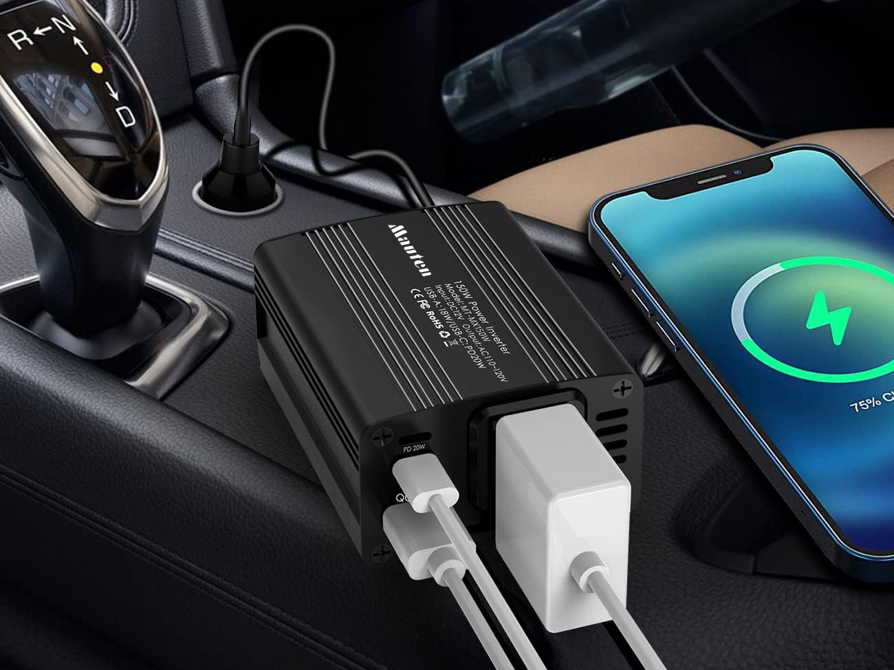  150W car inverter with PD 20W USB C & QC3.0 Fast Charge 